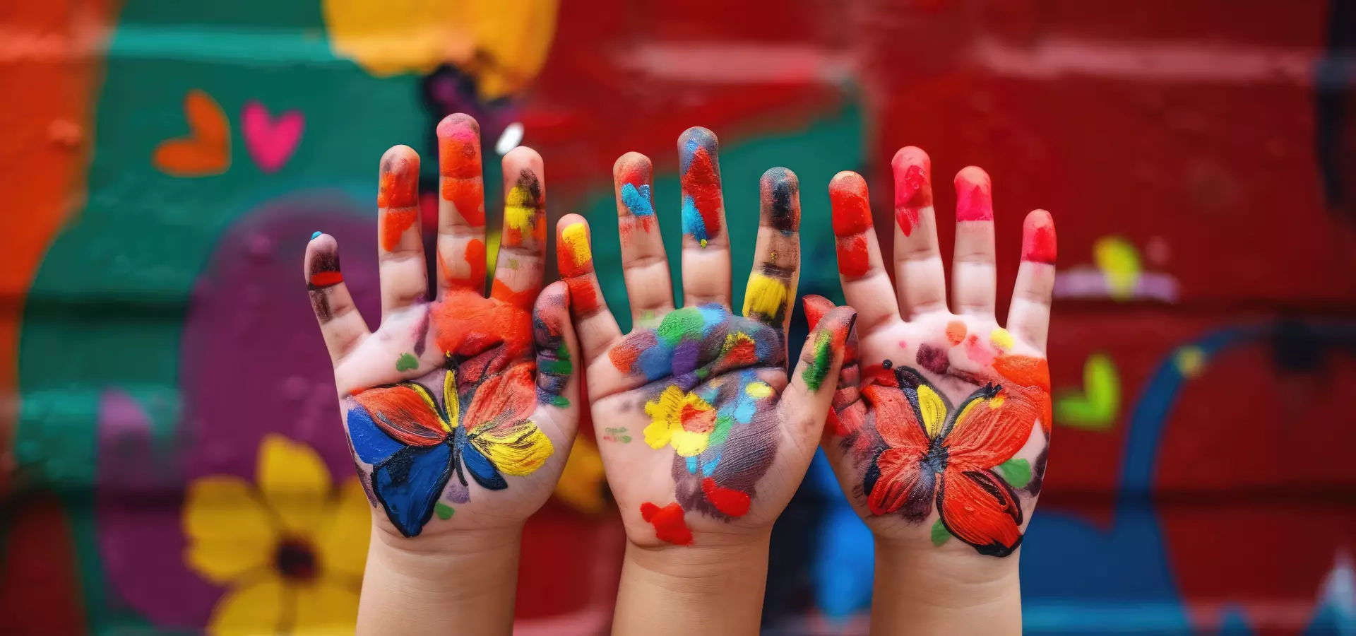 Three children hands with colourful paint on.