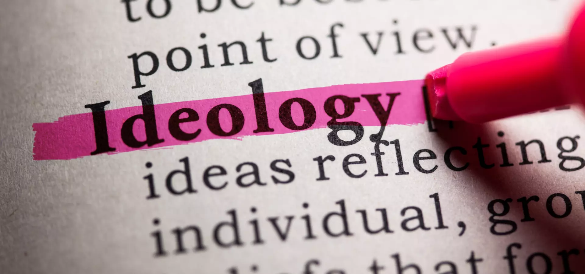 Dictionary entry with the word 'ideology' in bold and highlighted in pink