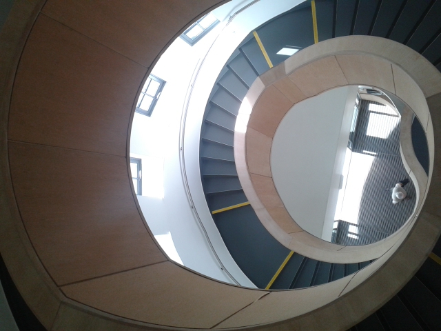 Lisa looks down the stairwell at her morning climb
