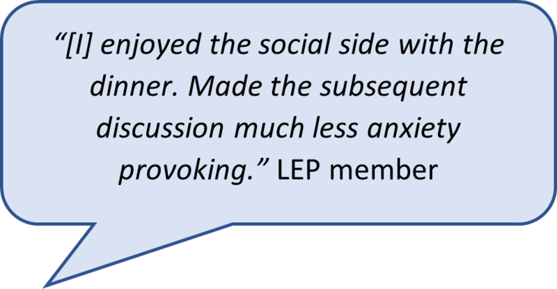 A speech bubble of a quote said by one of the CHA Lived Experience Panel members. The quote says:
"[I] enjoyed the social side with the dinner. Made the subsequent discussion much less anxiety provoking."