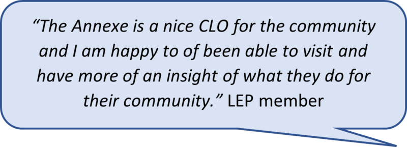 A speech bubble of a quote said by one of the CHA Lived Experience Panel members discussing a community led organisation (CLO) The Annexe. The quote says:
"The Annexe is a nice CLO for the community and I am happy to of been able to visit and have more of an insight of what they do for their community."