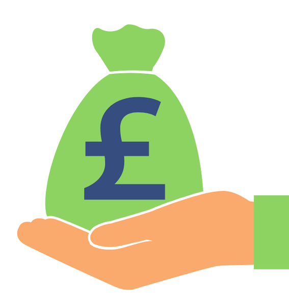 icon of a hand holding a bag with a pound sterling sign on it