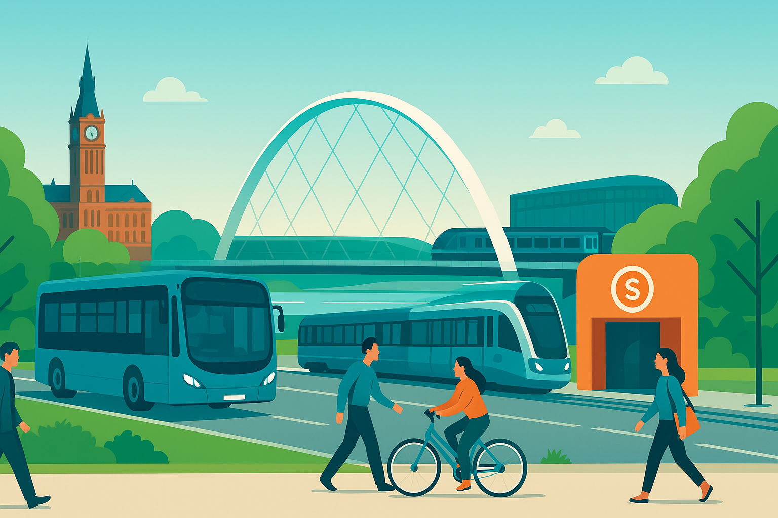 Illustration showcasing different modes of transport, with a bus, train, tram, and people walking and cycling.