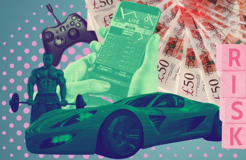 A collage including a sports car, a 'gym bro', phone gambling, a video game controller, &pound;50 notes and the word 'risk' in wooden letters.